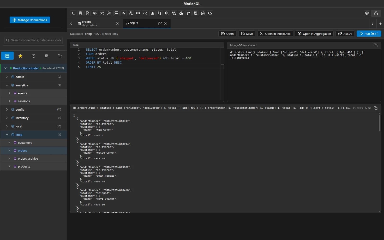 MotionQL SQL Query with a SELECT statement and its MongoDB translation