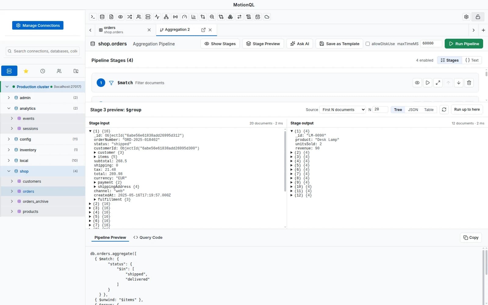 The MotionQL aggregation editor showing a pipeline and the output of the selected stage