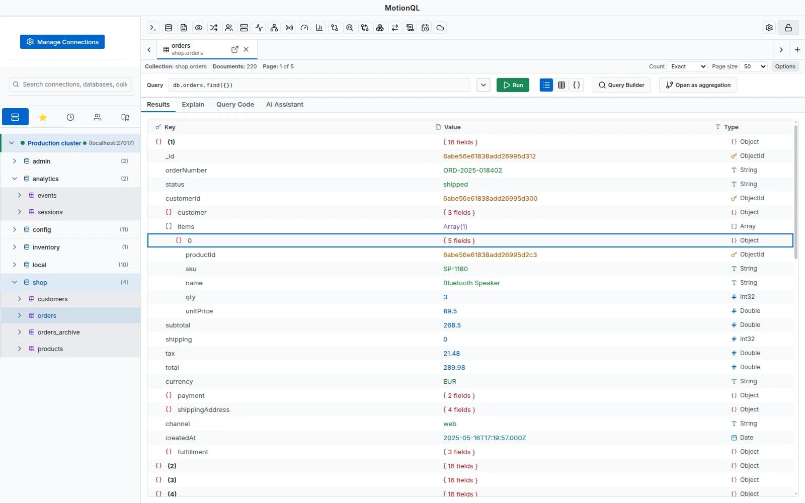Tree, table and JSON views in MotionQL